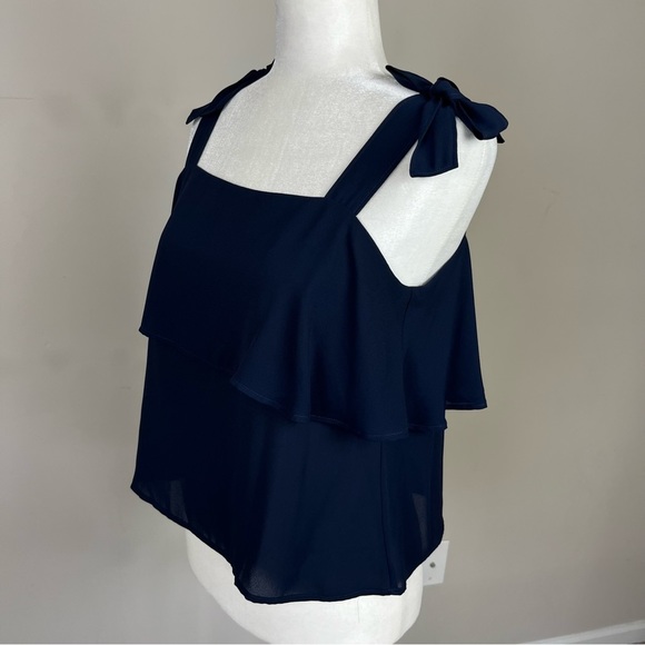 LOFT TIERED SQUARE NECK TANK TOP BOW STRAPS SIZE SMALL PETITE NAVY BLUE - Picture 9 of 16